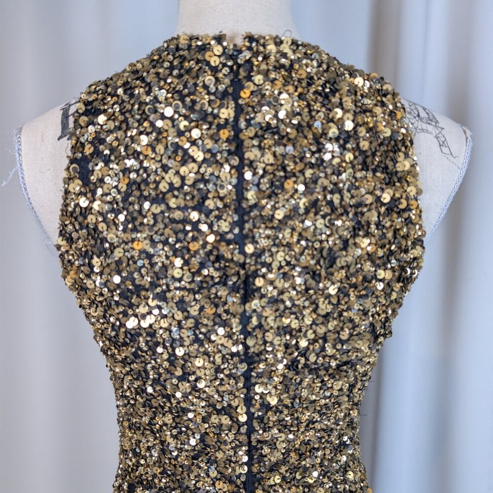 Theia Gold Sequin Gown Size 4 Black Gold Sleeveless Mermaid Maxi Dress - Picture 9 of 16